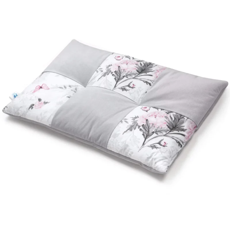 Płaska poduszka patchwork 60×40 - Pink Flowers z velvetem grey