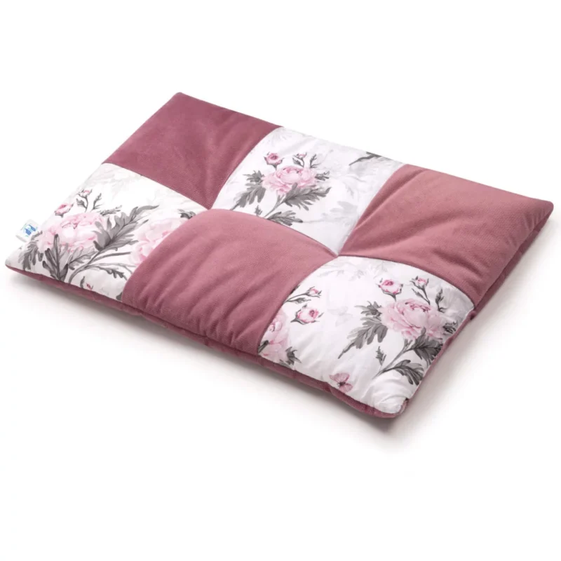 Płaska poduszka patchwork 60×40 - Pink Flowers z velvetem old rosa
