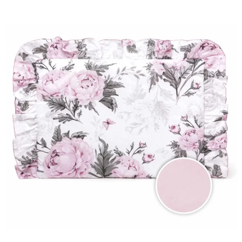 Zestaw pościeli z falbanką - poduszka 30×40 i kocyk 75×100 z bawełny z wypełnieniem - Pink Flowers pink - obrazek 4