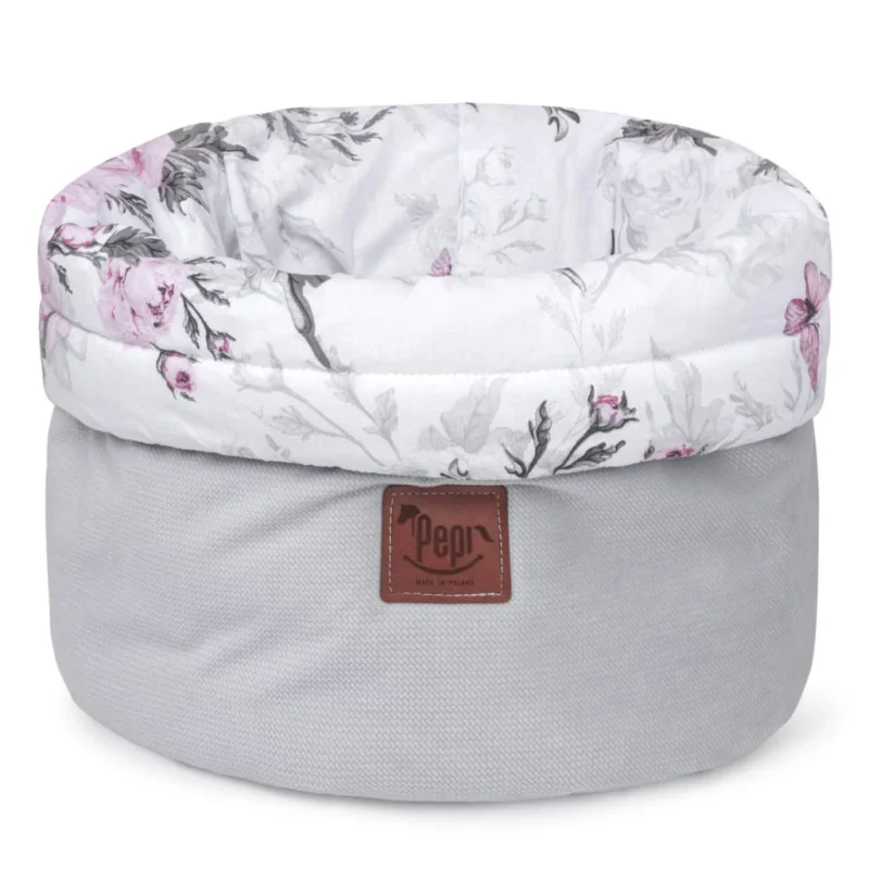 Koszyk Pojemnik z Materiału na Akcesoria dla Niemowlaka Pink Flowers z velvetem grey