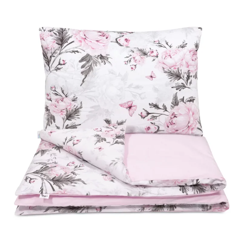 Zestaw 4-elementowy pościeli do łóżeczka 90×120 z prześcieradłem i ochraniaczem Pink Flowers - obrazek 3