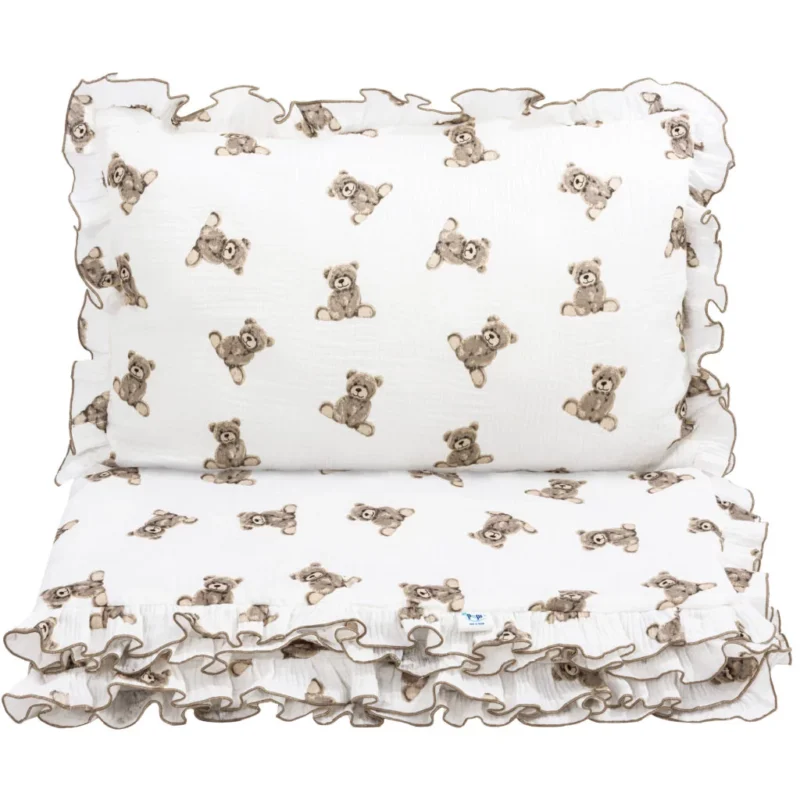 Zestaw muślinowy z falbanką poduszka 40×60 i kołdra 120×90 Sweet Teddy
