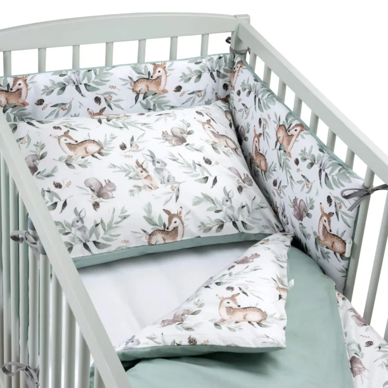 Zestaw 4-elementowy pościeli do łóżeczka 90×120 z prześcieradłem i ochraniaczem Green Groove Sage