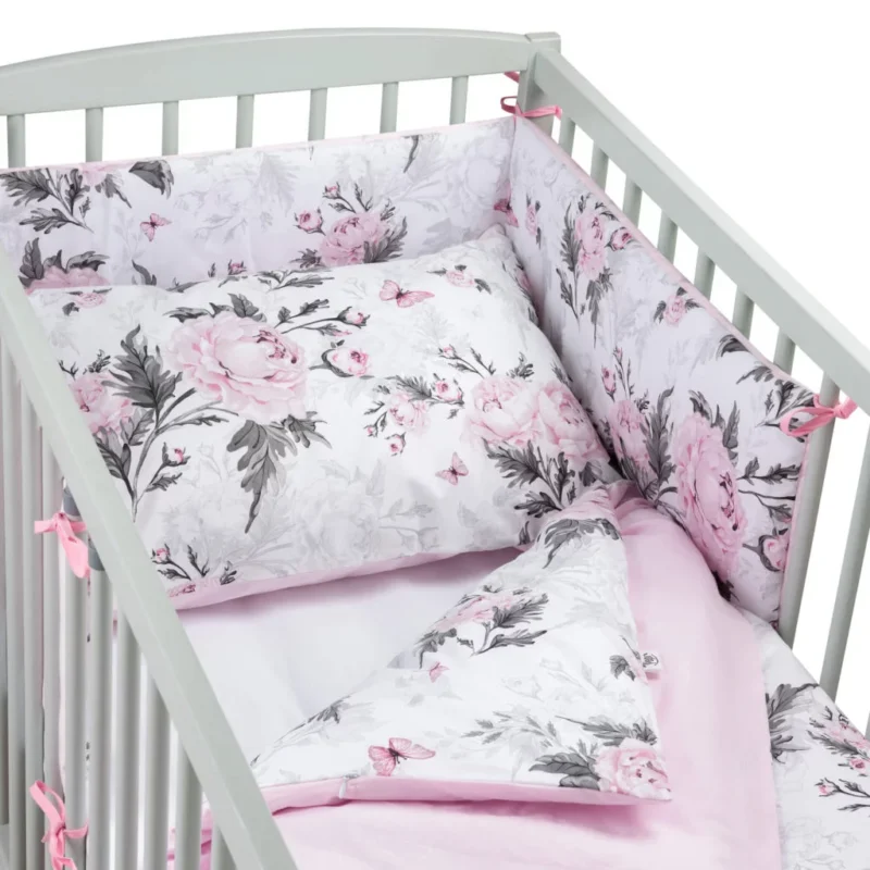 Zestaw 4-elementowy pościeli do łóżeczka 90×120 z prześcieradłem i ochraniaczem Pink Flowers