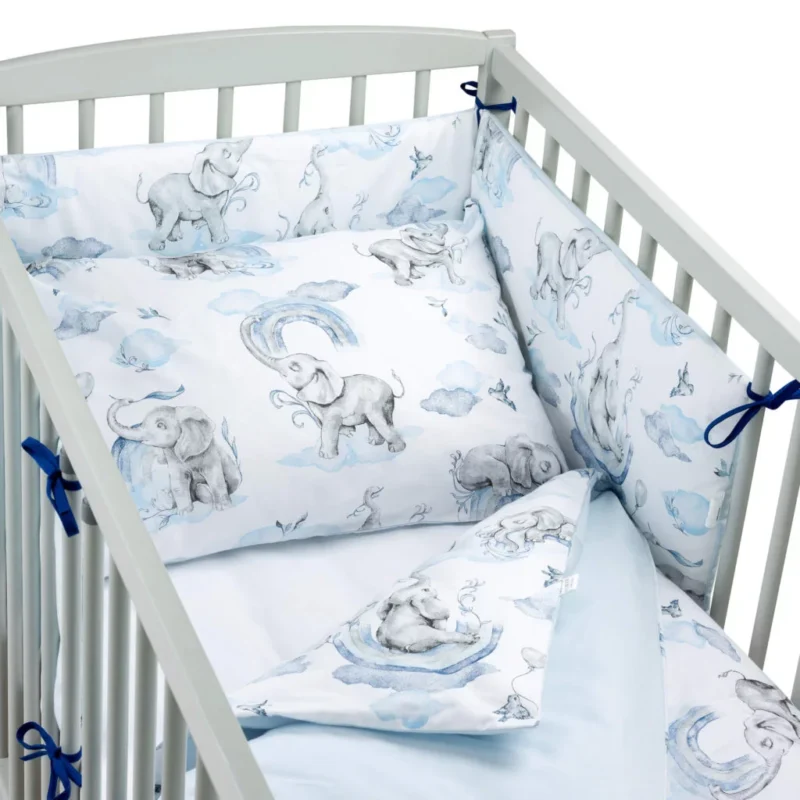 Zestaw 4-elementowy pościeli do łóżeczka 90×120 z prześcieradłem i ochraniaczem Eledreams Blue