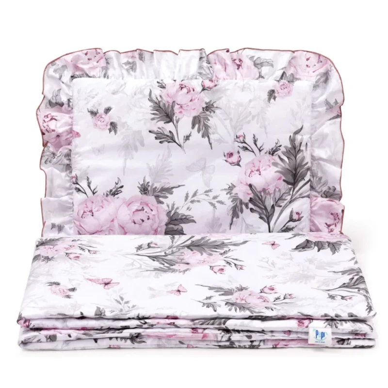 Zestaw pościeli z falbanką - poduszka 25×35 i kocyk 55×75 z bawełny z wypełnieniem - Pink Flowers