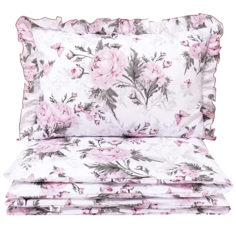 Komplet pościeli z falbanką - poszewka 40x60 i poszwa 100x135 Pink Flowers