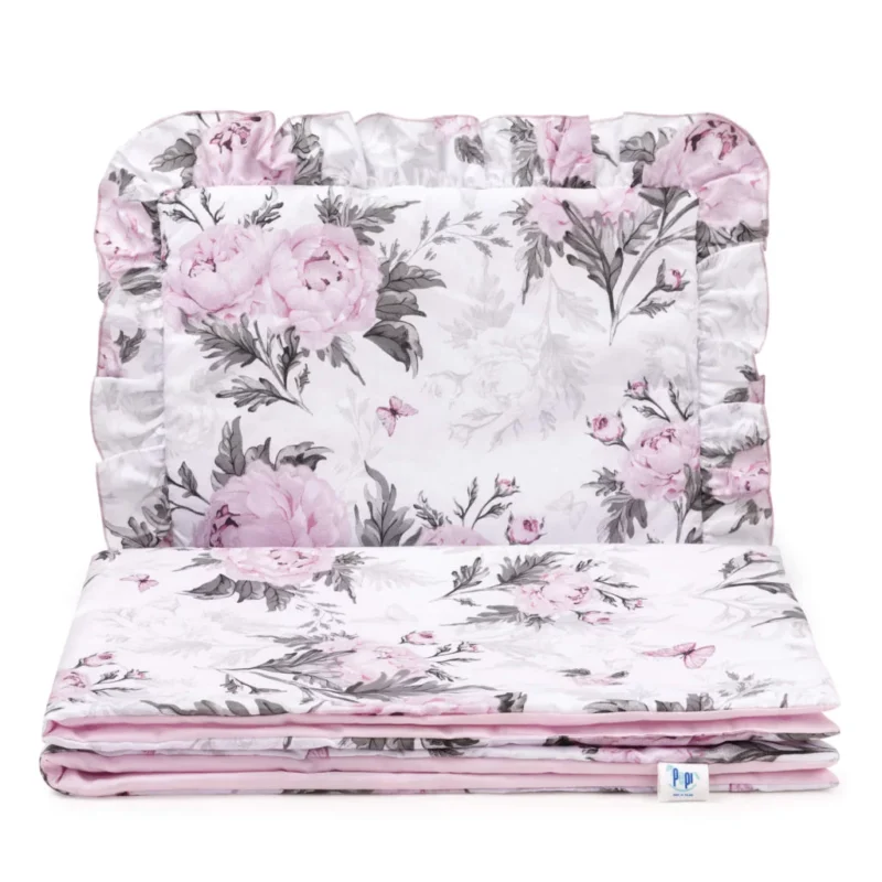 Zestaw pościeli z falbanką - poduszka 25×35 i kocyk 55×75 z bawełny z wypełnieniem - Pink Flowers pink