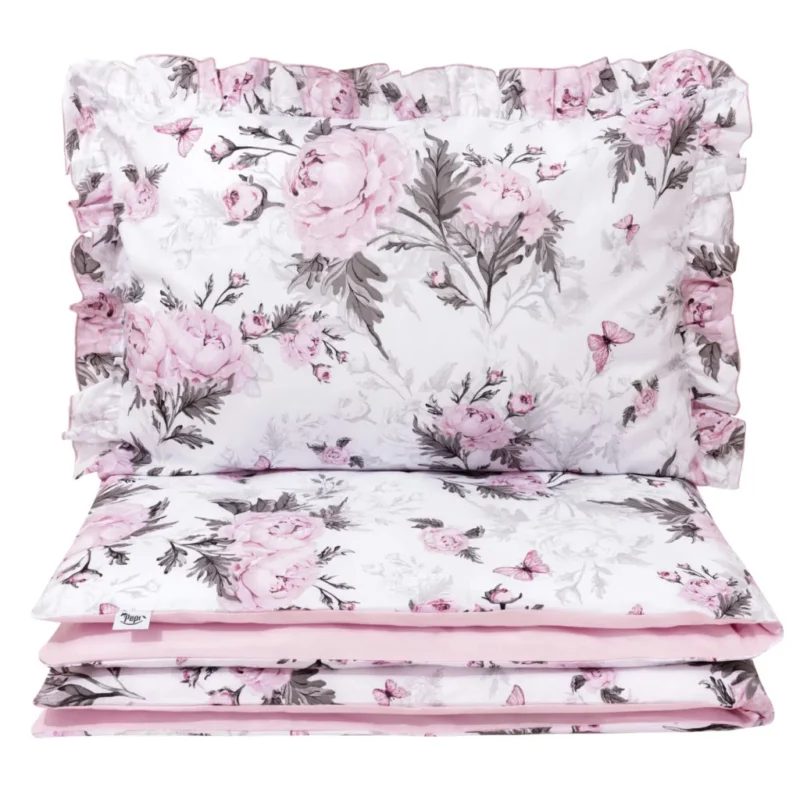 Komplet pościeli z falbanką - poszewka 40x60 i poszwa 100x135 Pink Flowers pink