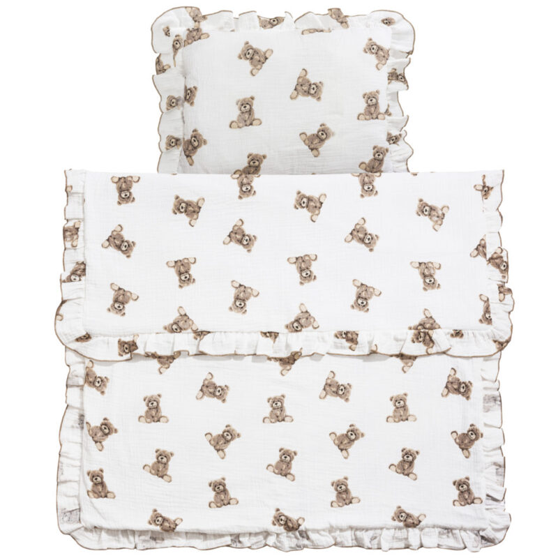 Zestaw Muślinowy z falbankami Premium kocyk 75×100 i poduszka 30×40 Sweet Teddy - obrazek 4