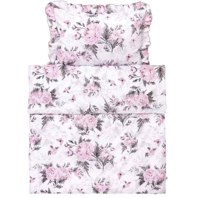 Komplet pościeli z falbanką - poszewka 40x60 i poszwa 100x135 Pink Flowers - obrazek 3