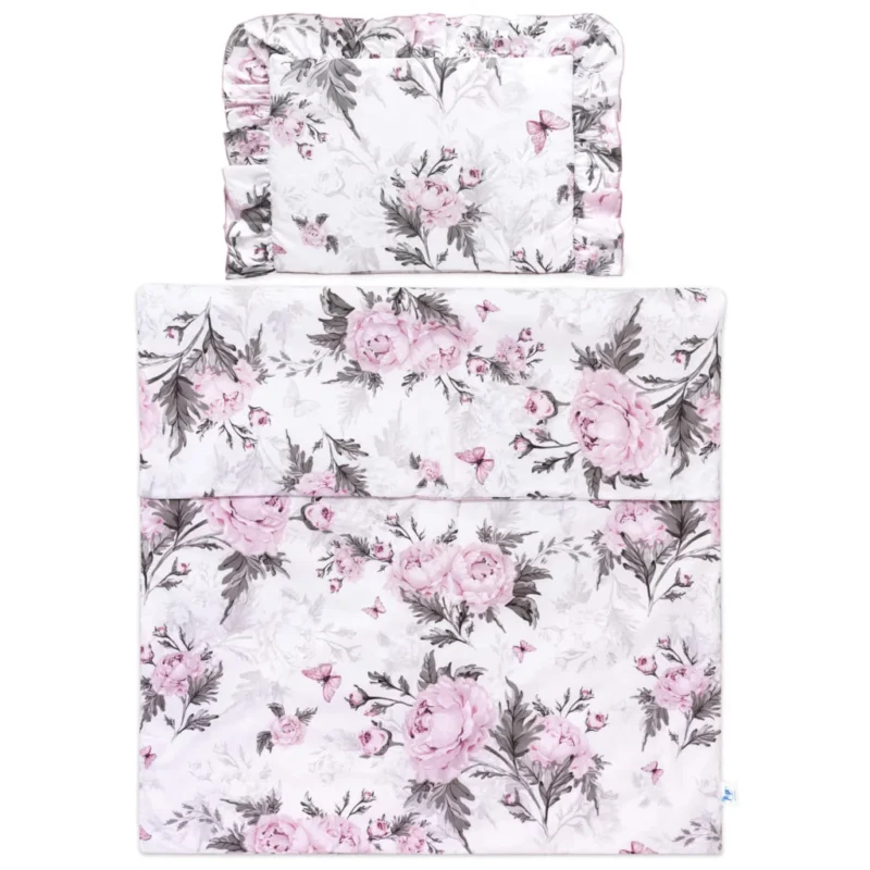 Zestaw pościeli z falbanką - poduszka 30×40 i kocyk 75×100 z bawełny z wypełnieniem - Pink Flowers - obrazek 2