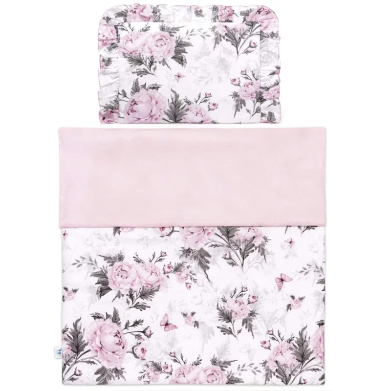 Zestaw pościeli z falbanką - poduszka 30×40 i kocyk 75×100 z bawełny z wypełnieniem - Pink Flowers pink - obrazek 2