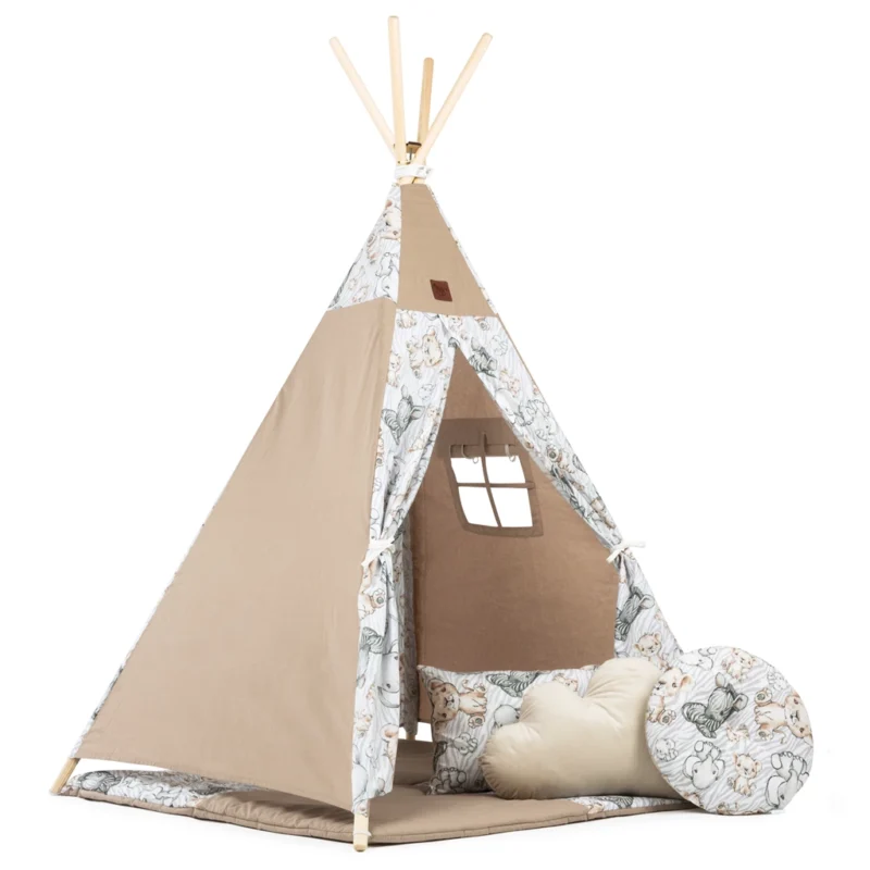 Namiot TIPI dla dzieci Wigwam z okienkiem Safari - zestaw z matą i 3 poduszkami + GRATIS stabilizator