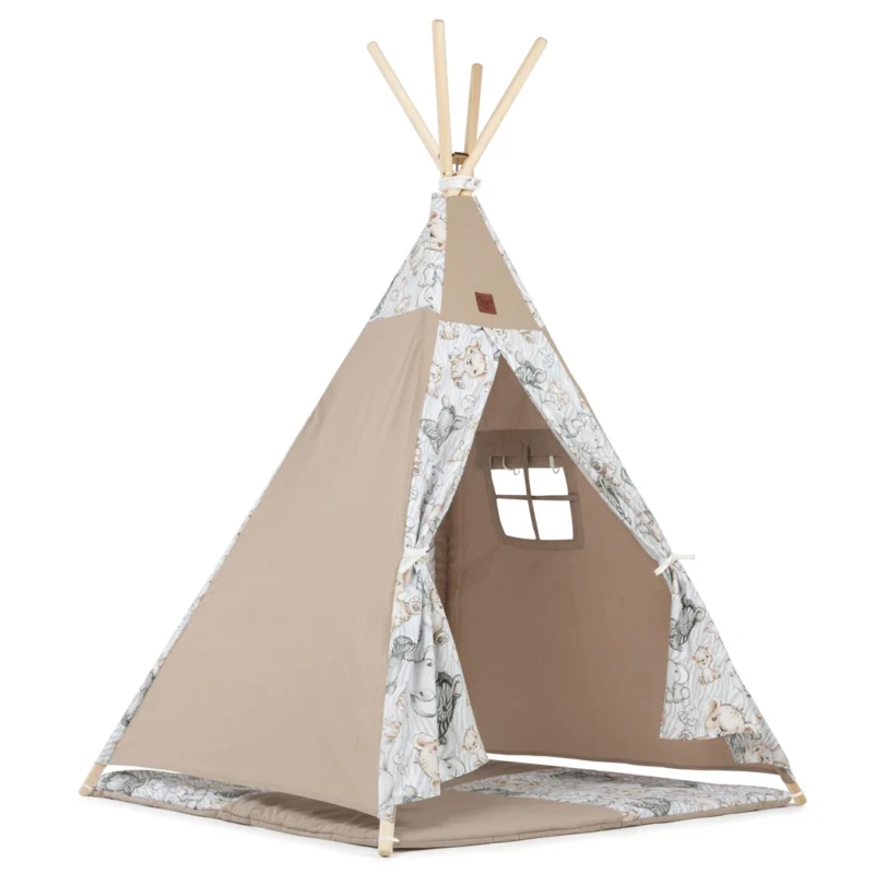 Namiot TIPI dla dzieci Wigwam z okienkiem Safari - zestaw z matą + GRATIS stabilizator