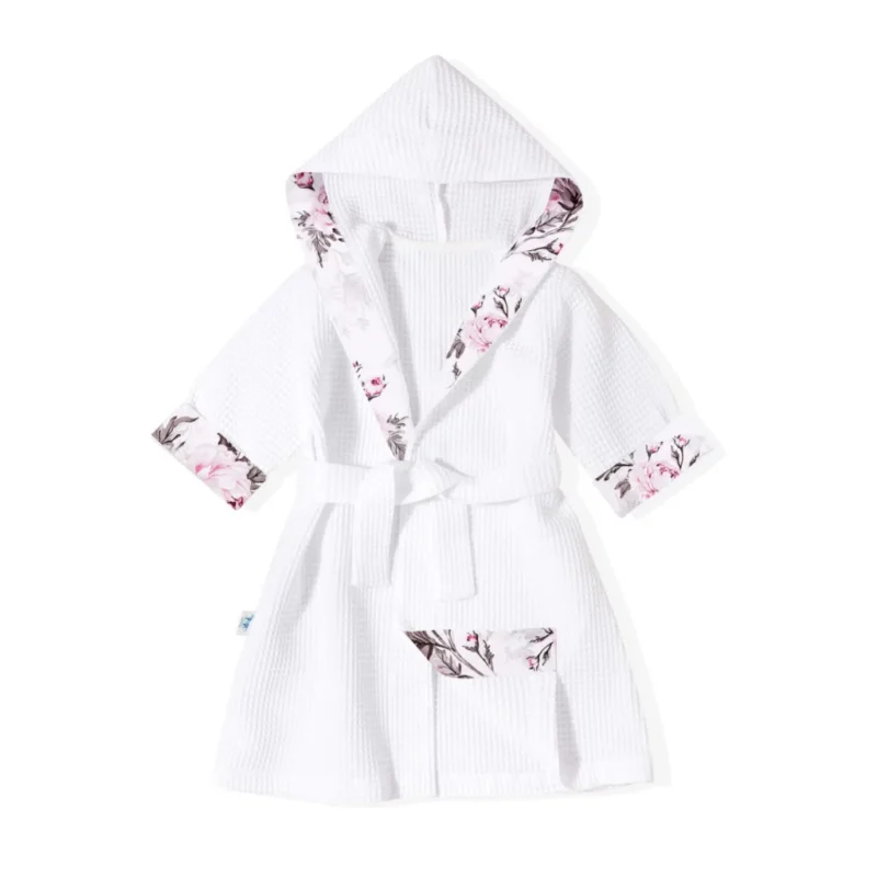Szlafrok kąpielowy z kapturkiem dla dziecka Pink Flowers ivory