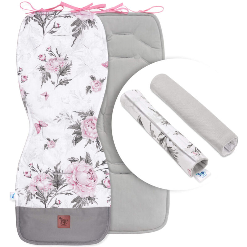 Wkładka do wózka z ochraniaczami na pasy Pink Flowers z velvetem grey