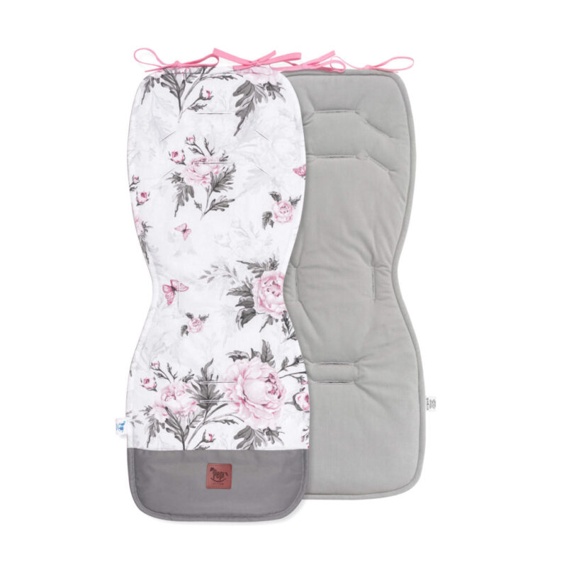 Wkładka do wózka z ochraniaczami na pasy Pink Flowers z velvetem grey - obrazek 2