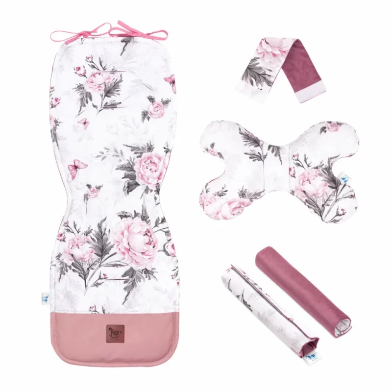 Zestaw 5-elementowy z wkładką do wózka Pink Flowers z velvetem