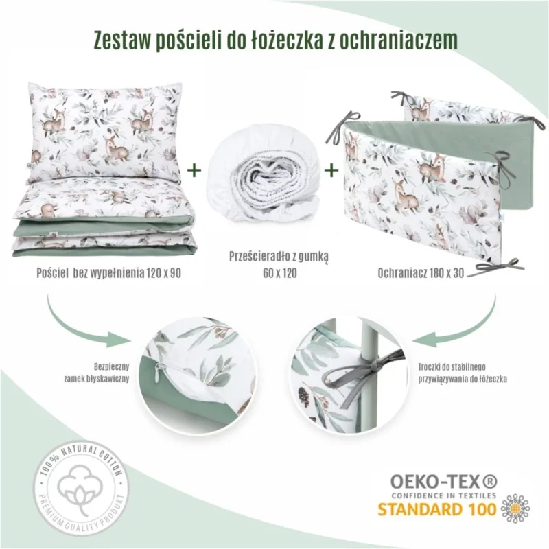 Zestaw 4-elementowy pościeli do łóżeczka 90×120 z prześcieradłem i ochraniaczem Green Groove Sage - obrazek 2