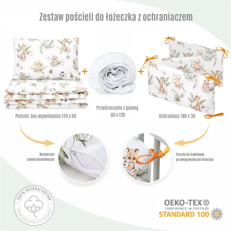 Zestaw 4-elementowy pościeli do łóżeczka 90×120 z prześcieradłem i ochraniaczem Afrimals - obrazek 3