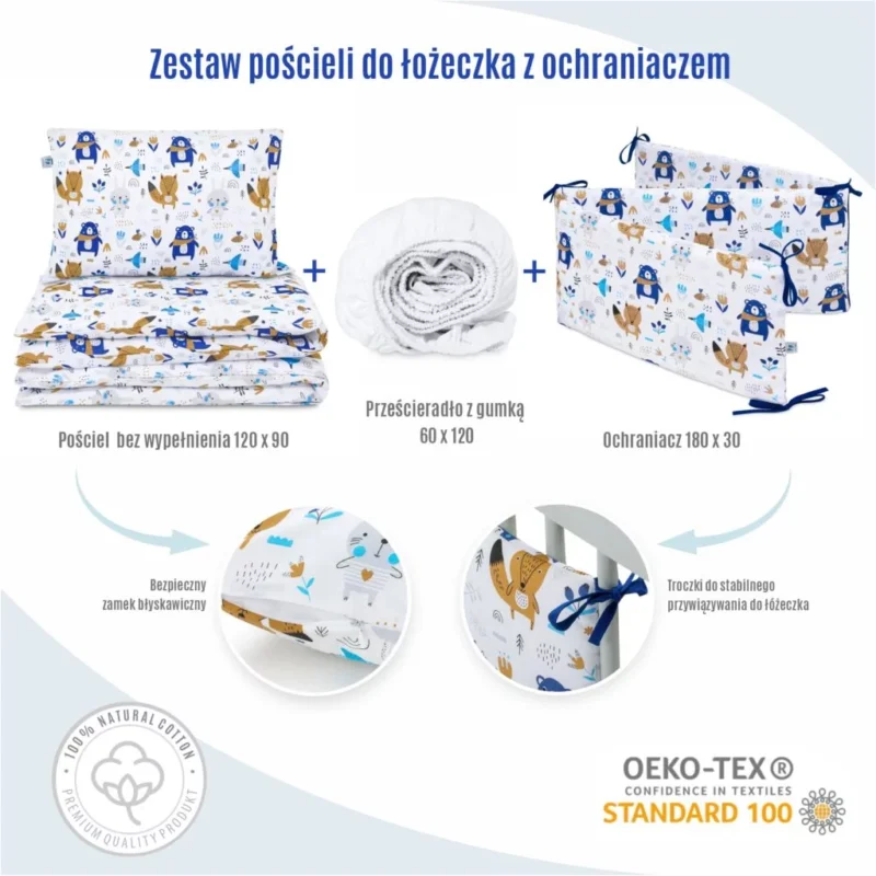 Zestaw 4-elementowy pościeli do łóżeczka 90×120 z prześcieradłem i ochraniaczem Blue Bear - obrazek 2