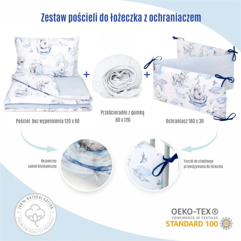 Zestaw 4-elementowy pościeli do łóżeczka 90×120 z prześcieradłem i ochraniaczem Eledreams Blue - obrazek 2