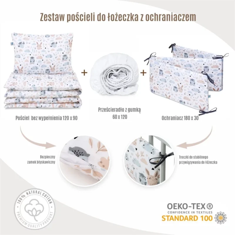 Zestaw 4-elementowy pościeli do łóżeczka 90×120 z prześcieradłem i ochraniaczem Forest Friends - obrazek 2