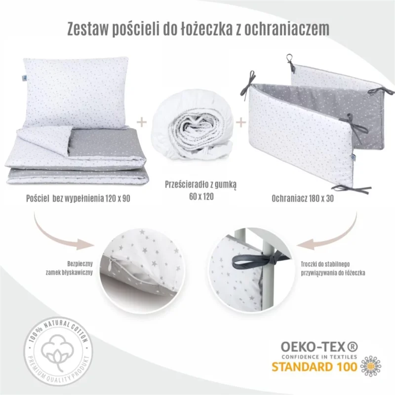 Zestaw 4-elementowy pościeli do łóżeczka 90×120 z prześcieradłem i ochraniaczem Grey Galaxy - obrazek 2