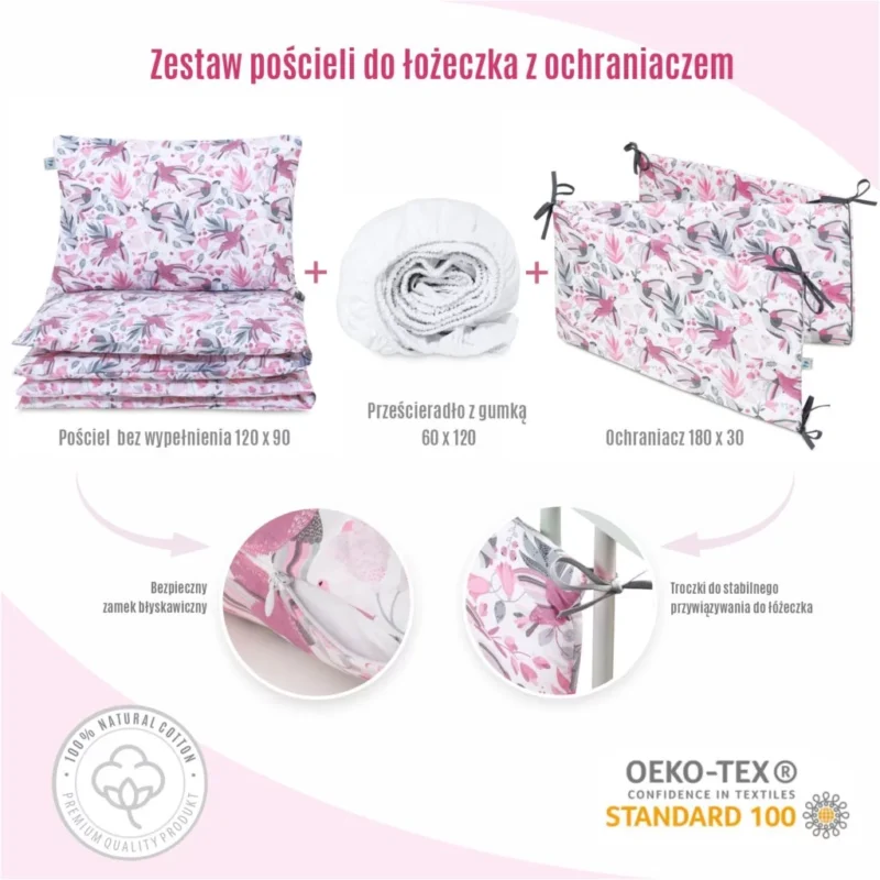 Zestaw 4-elementowy pościeli do łóżeczka 90×120 z prześcieradłem i ochraniaczem Hummingbird Grey - obrazek 2