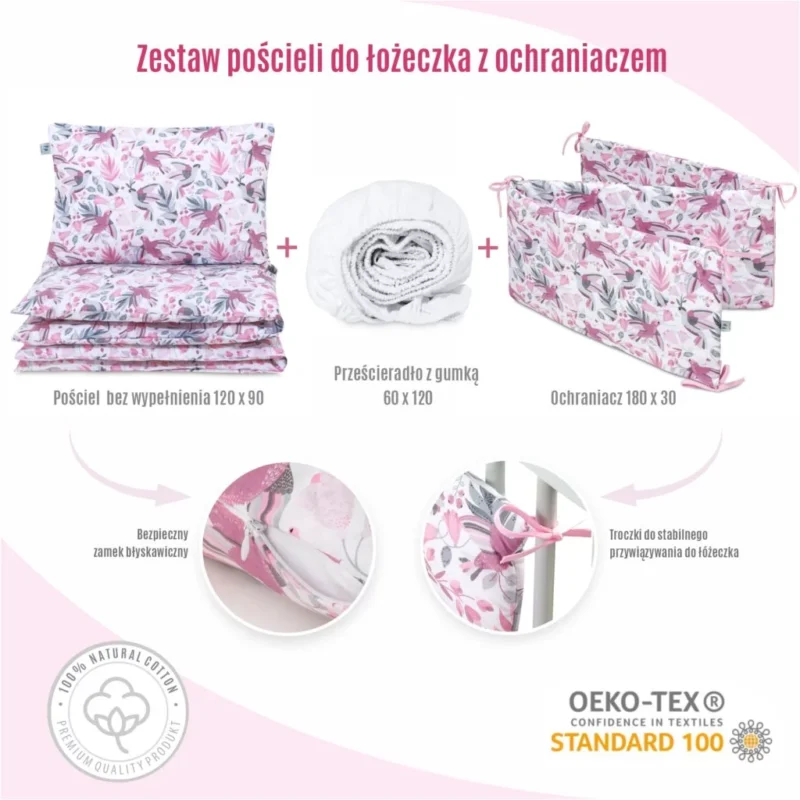 Zestaw 4-elementowy pościeli do łóżeczka 90×120 z prześcieradłem i ochraniaczem Hummingbird rosa - obrazek 2