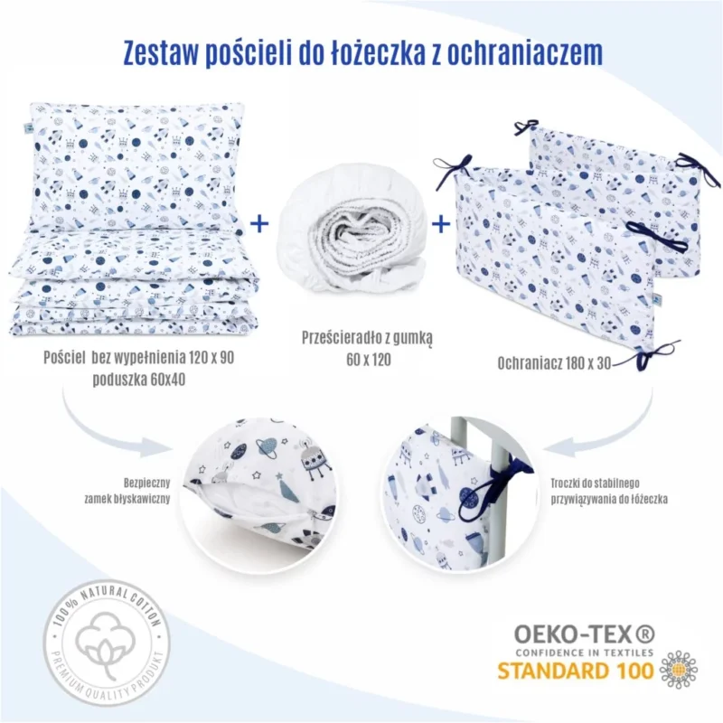 Zestaw 4-elementowy pościeli do łóżeczka 90×120 z prześcieradłem i ochraniaczem Magic Space - obrazek 2