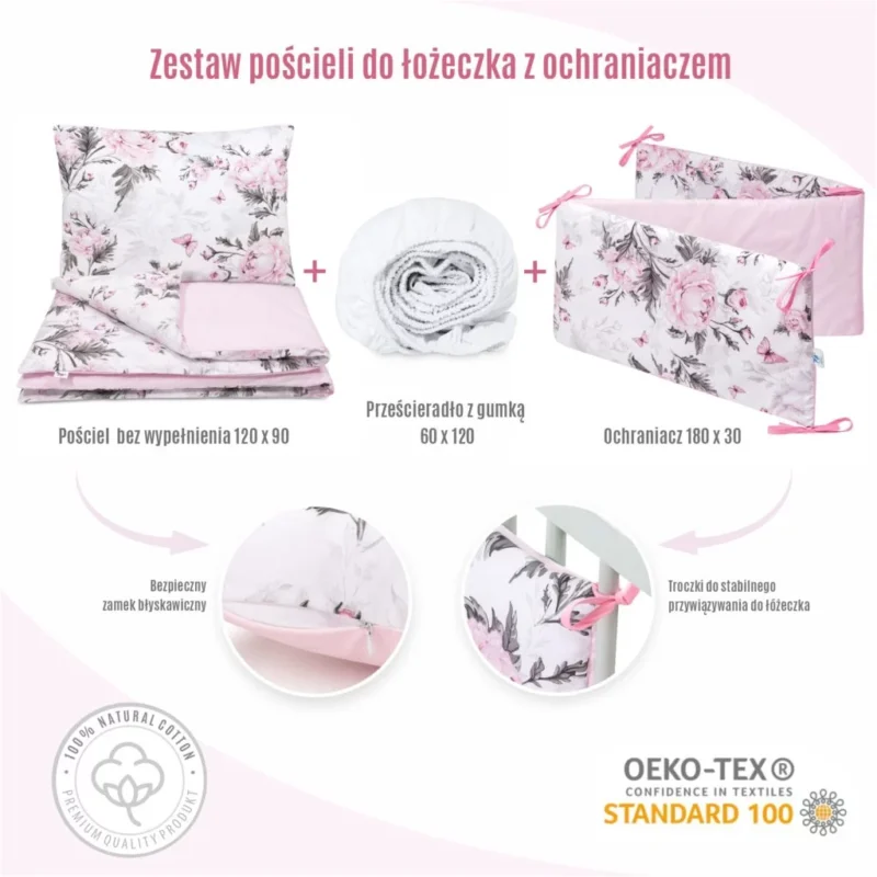 Zestaw 4-elementowy pościeli do łóżeczka 90×120 z prześcieradłem i ochraniaczem Pink Flowers - obrazek 2