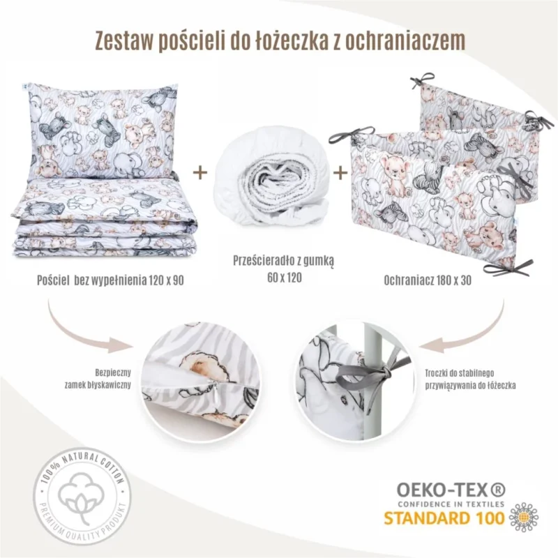 Zestaw 4-elementowy pościeli do łóżeczka 90×120 z prześcieradłem i ochraniaczem Safari - obrazek 2