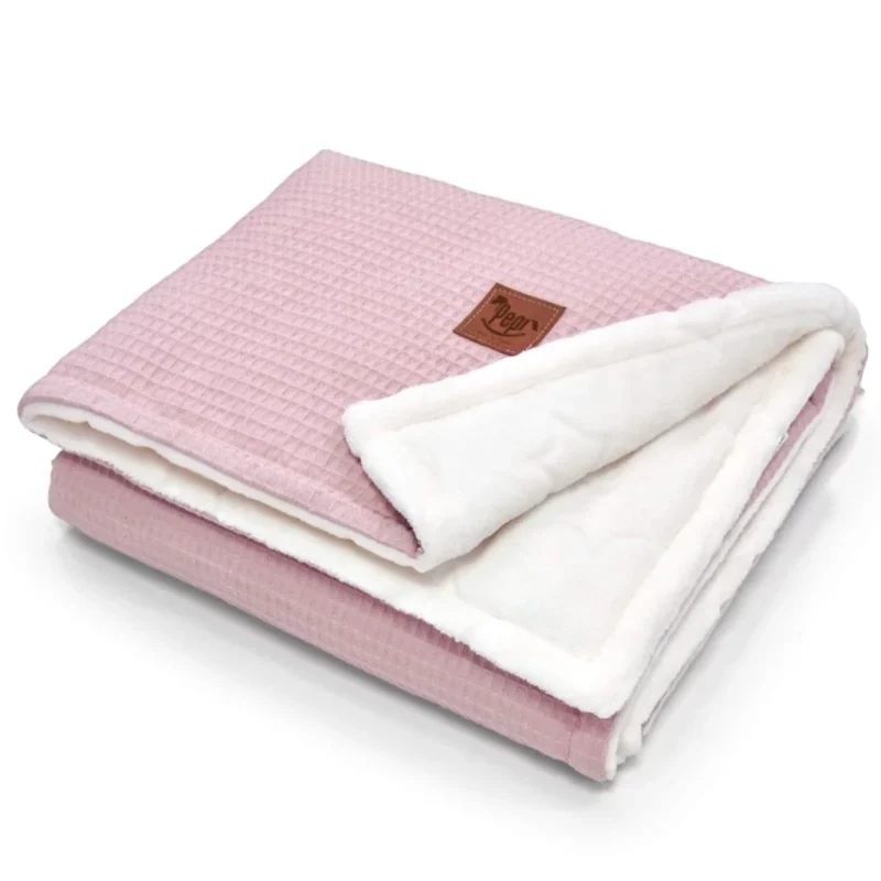 Dwustronny kocyk 75×100 z polaru minky i wafla pink pastel