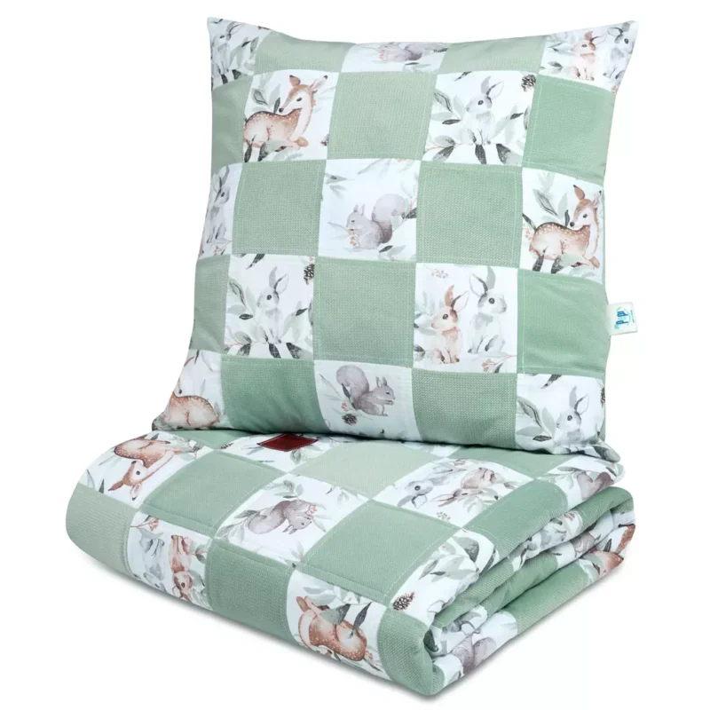 UNIKAT***Kołderka patchwork 95×140 z płaską poduszką 45×45 Green Groove z velvetem