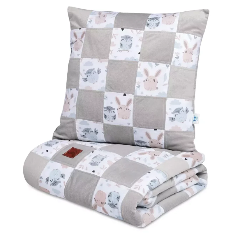 UNIKAT***Kołderka patchwork 95×140 z płaską poduszką 45×45 Forest Friends z velvetem