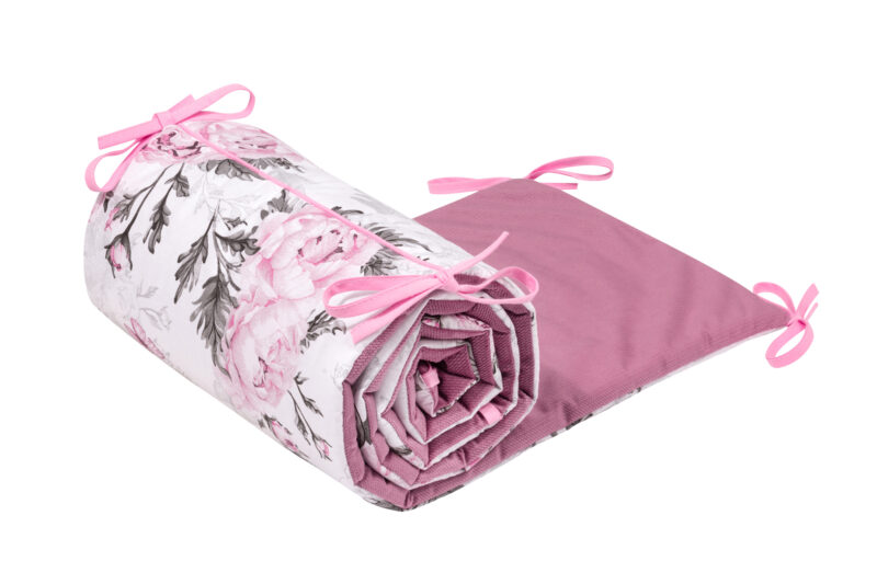 Ochraniacz do łóżeczka Pink Flowers z velvetem old rosa - obrazek 2