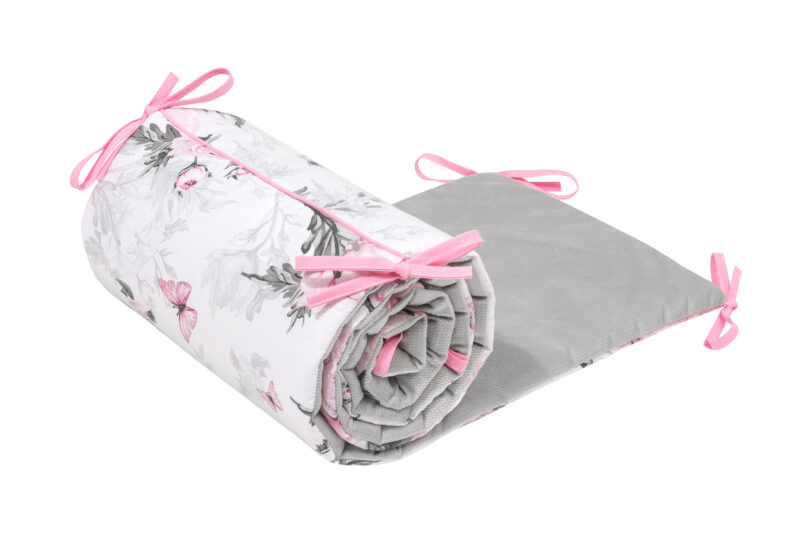 Ochraniacz do łóżeczka Pink Flowers z velvetem grey - obrazek 2