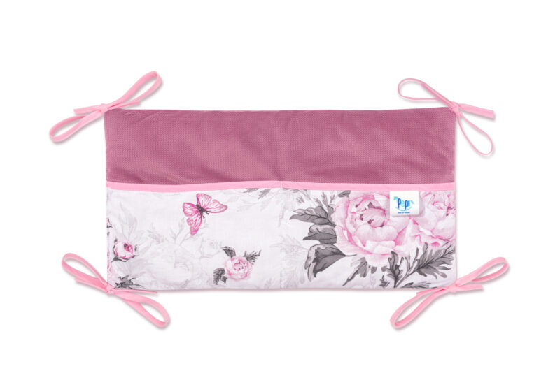 Bawełniany organizer do łóżeczka 42×22 Pink Flowers velvet old rosa