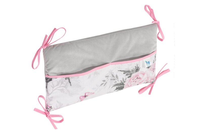 Bawełniany organizer do łóżeczka 42×22 Pink Flowers velvet grey - obrazek 2