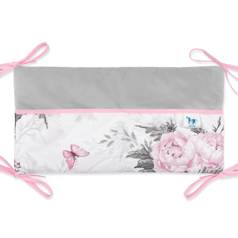 Bawełniany organizer do łóżeczka 42×22 Pink Flowers velvet grey