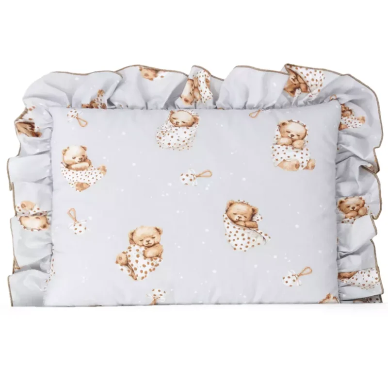 Płaska poduszka z falbanką 30×40 - Grey Sleeping Teddy Bear - bawełna