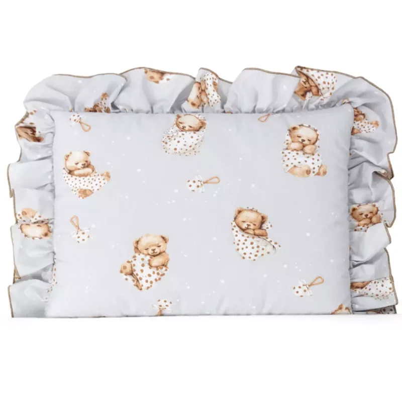 Płaska poduszka z falbanką 30×40 - Grey Sleeping Teddy Bear - bawełna