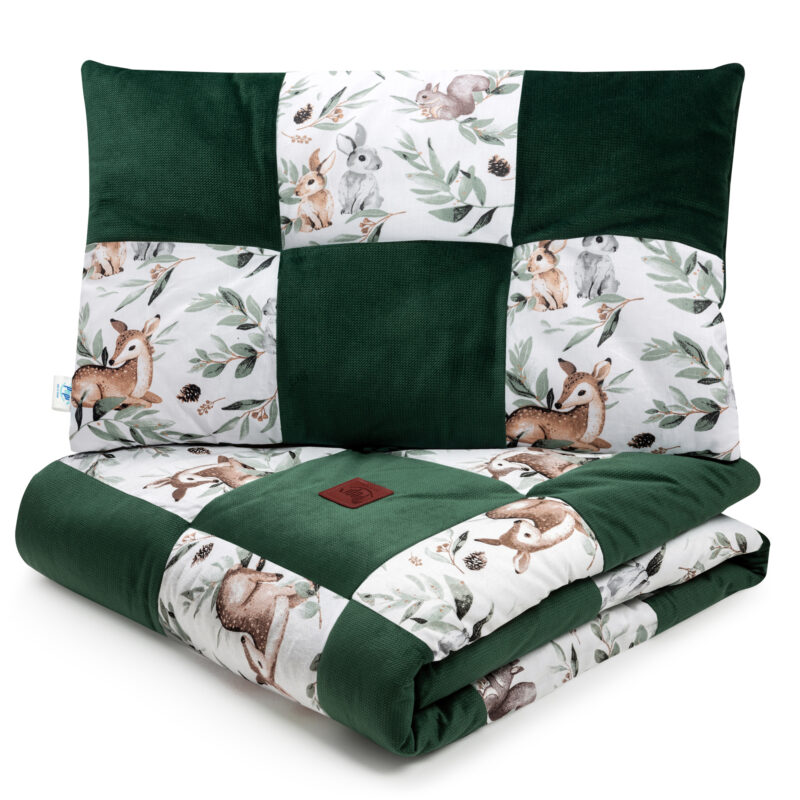 Kołderka patchwork 100×140 z płaską poduszką 40×60 Green Groove z velvetem green