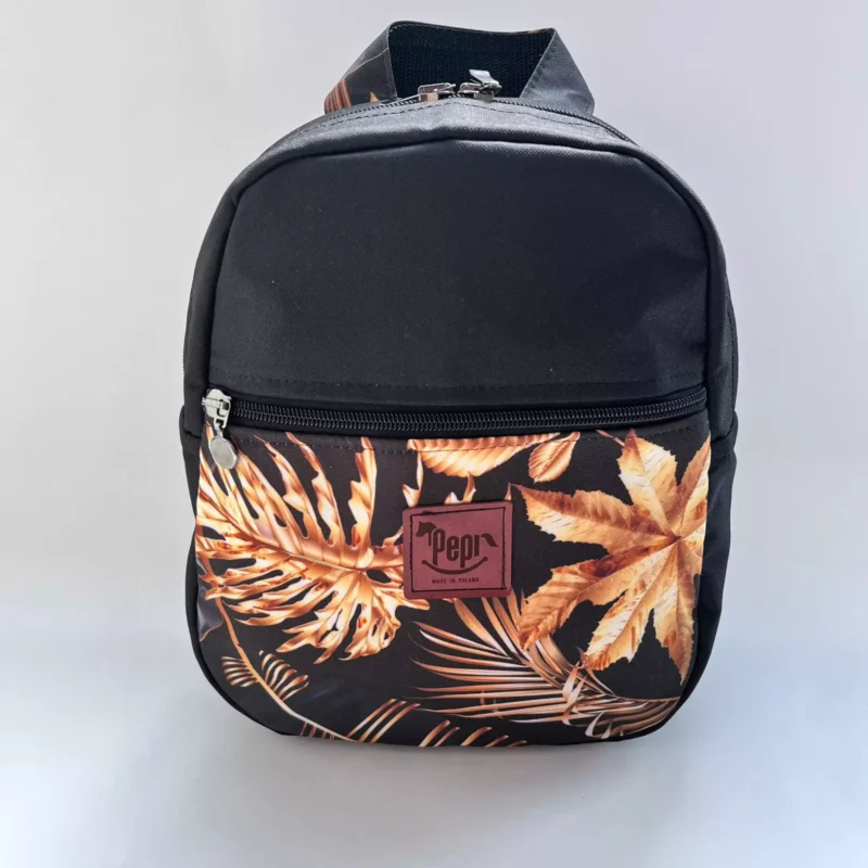 Usztywniany plecak z tkaniny Oxford – wodoodporny, liście złoto-czarne, handmade