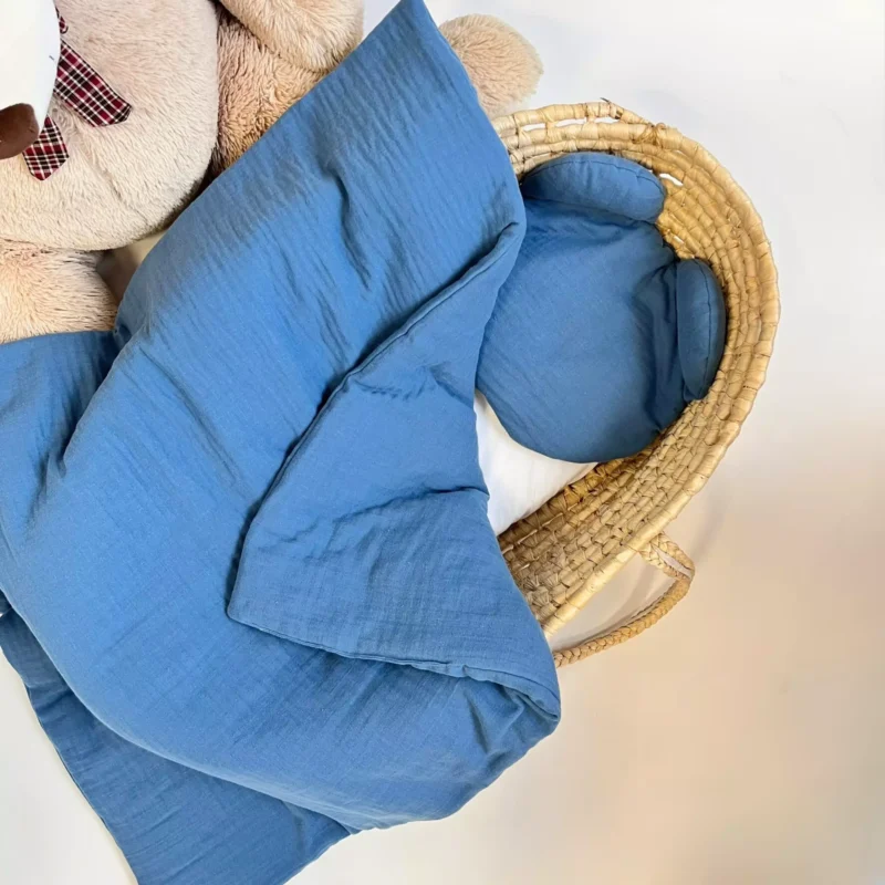 Zestaw Muślinowy blue kocyk 70×100 z poduszką Miś