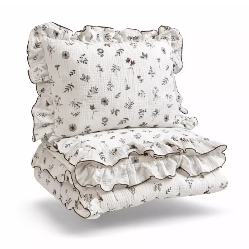 Zestaw Muślinowy z falbankami Premium kocyk 75×100 i poduszka 30×40 Botanique