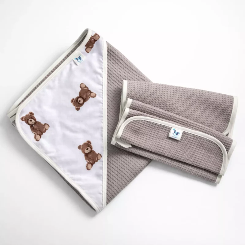 Zestaw kąpielowy ręcznik z kapturem mokka i 2 małe ręczniki Sweet Teddy